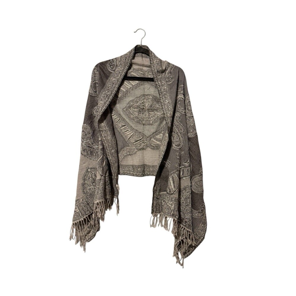 Gerard Darel Boho Luxe Wool Beaded Shawl Wrap Fringe Festival